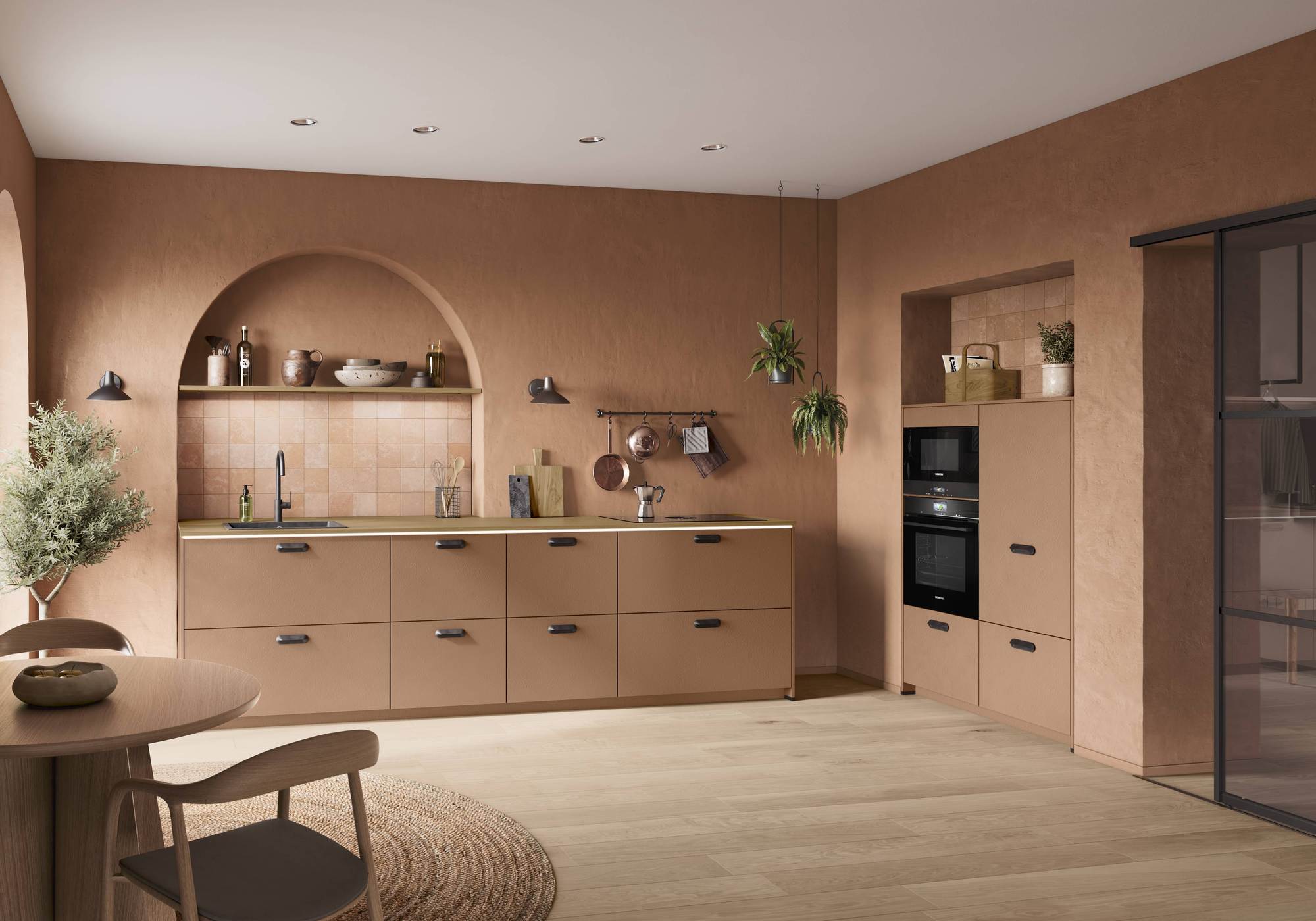 Nobilia Look moderne Küchenzeile Cotto, Hochschränke mit Einbaugeräten