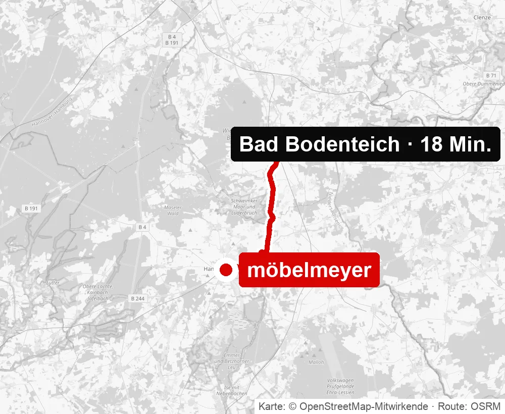 Anfahrt von Bad Bodenteich zu möbelmeyer in Hankensbüttel – Routenkarte
