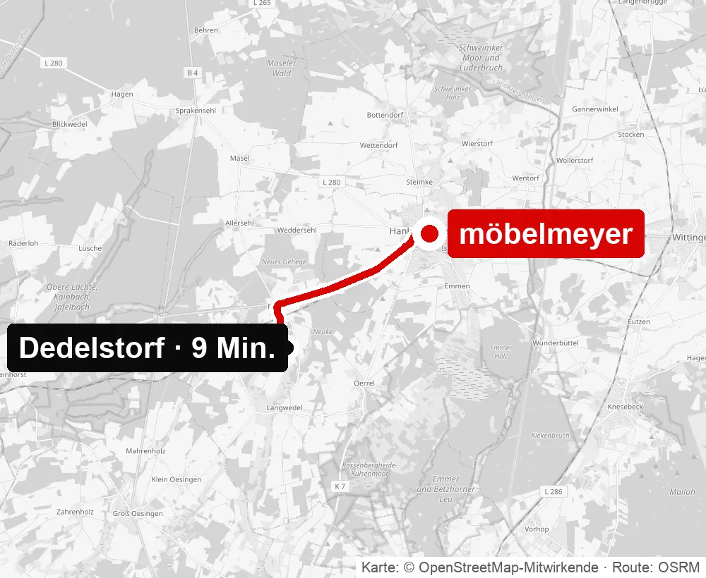 Anfahrt von Dedelstorf zu möbelmeyer in Hankensbüttel – Routenkarte