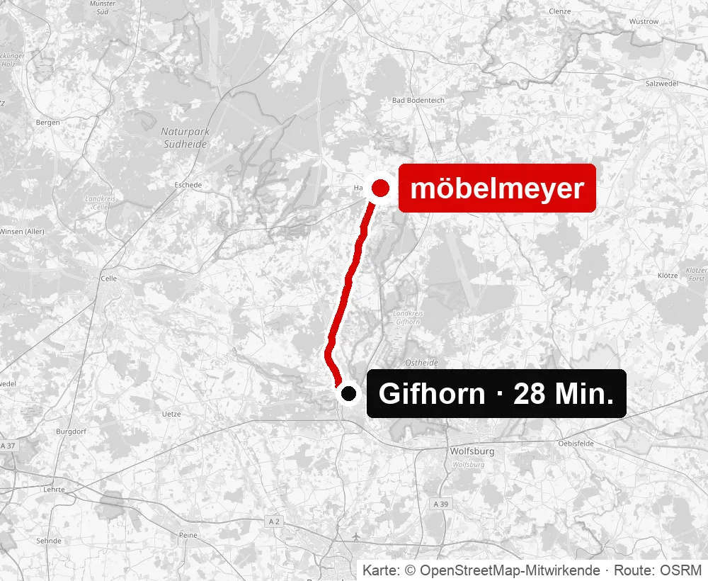 Anfahrt von Gifhorn zu möbelmeyer in Hankensbüttel – Routenkarte