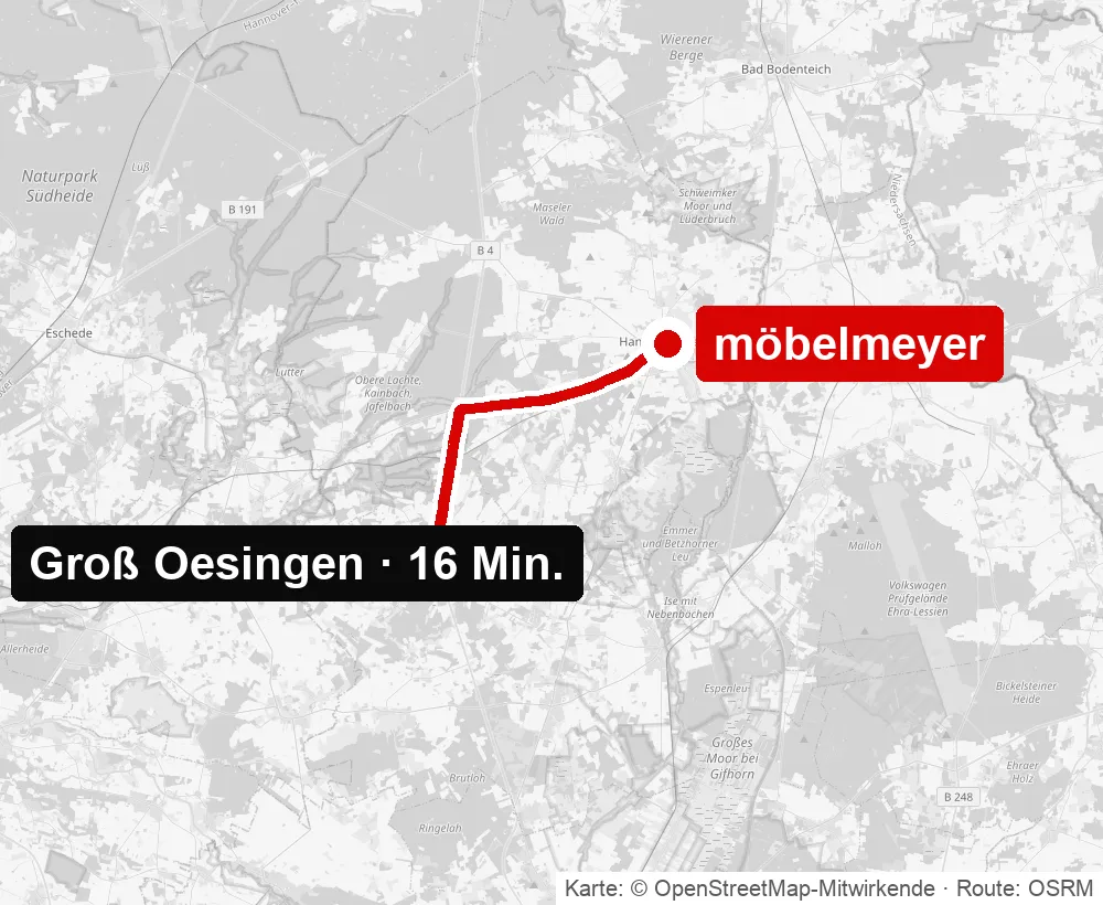 Anfahrt von Groß Oesingen zu möbelmeyer in Hankensbüttel – Routenkarte
