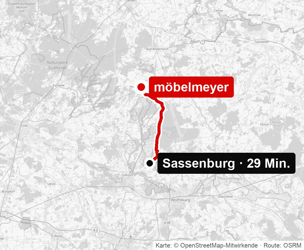 Anfahrt von Sassenburg zu möbelmeyer in Hankensbüttel – Routenkarte