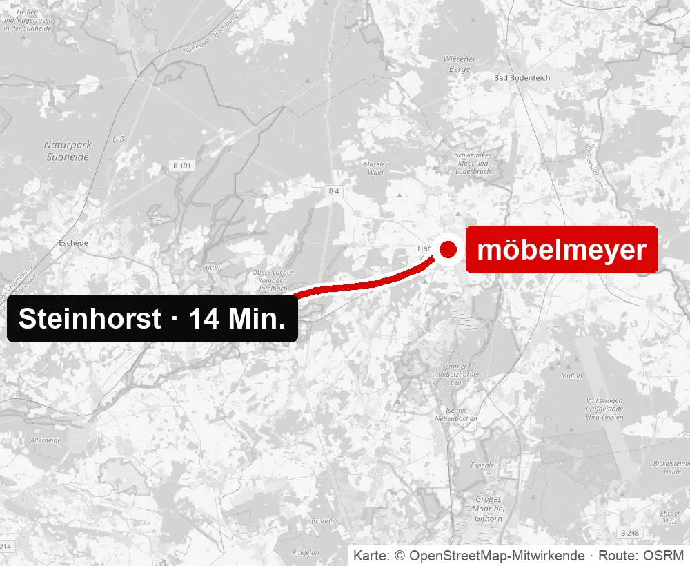 Anfahrt von Steinhorst zu möbelmeyer in Hankensbüttel – Routenkarte