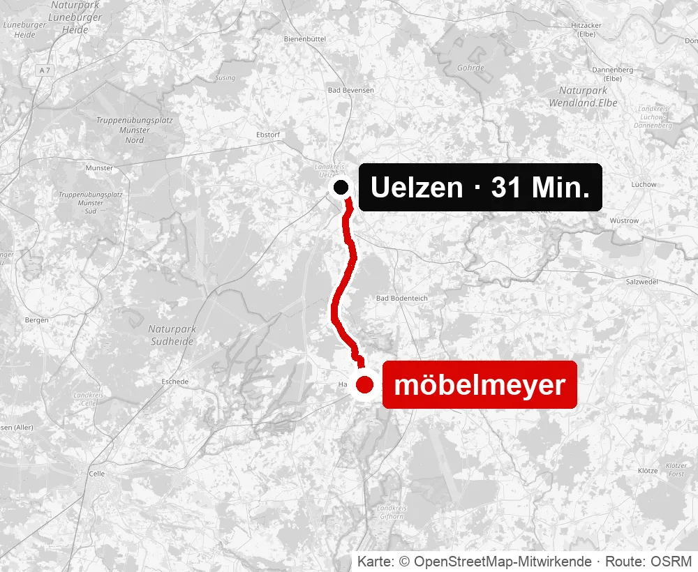 Anfahrt von Uelzen zu möbelmeyer in Hankensbüttel – Routenkarte