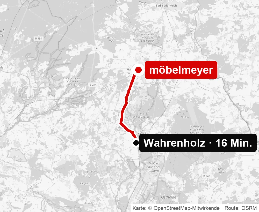 Anfahrt von Wahrenholz zu möbelmeyer in Hankensbüttel – Routenkarte