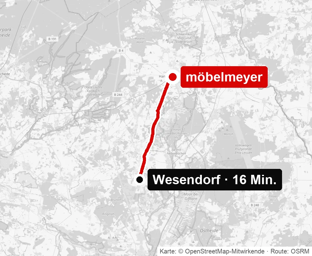 Anfahrt von Wesendorf zu möbelmeyer in Hankensbüttel – Routenkarte