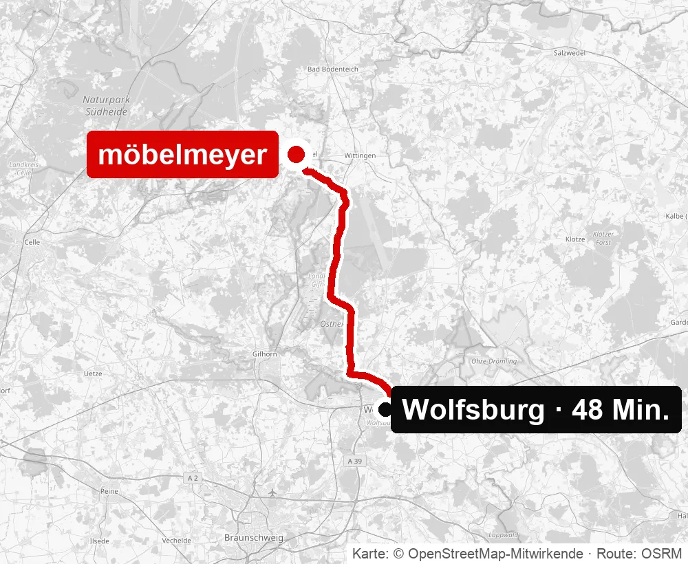 Anfahrt von Wolfsburg zu möbelmeyer in Hankensbüttel – Routenkarte